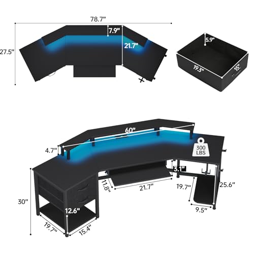 SEDETA 79" Gaming Desk, Computer Desk with 2 Fabric Drawers & LED Light, L Shaped Gaming Desk with Storage Shelf for Home Office, Carbon Fiber Black - color: Carbon Fiber Black
