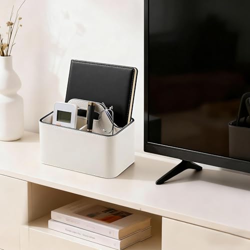 Caddy Organizer with Handle, PU Leather Remote Control Holder Desk Caddy, Portable Makeup Remote Organizer for Table, Nightstand, Office (Cream) - color: Cream