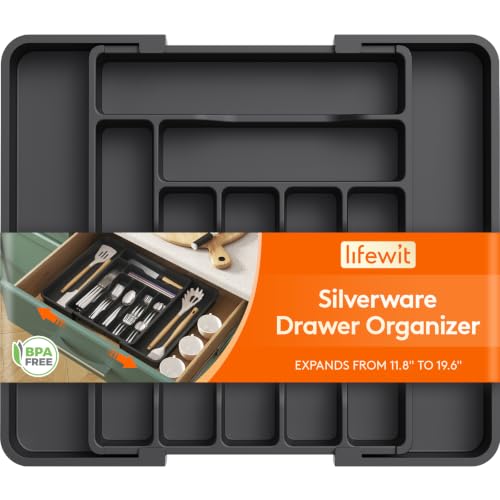 Lifewit Utensil Organizer for Kitchen Drawer, Expandable Cooking Silverware Tray, Adjustable Cutlery Flatware Holder, Plastic Spatula Tools Storage Divider, 11.8-19.6 x 15", Black - color: Black, size: Large Deep（11.8-19.6'W x 15''D）