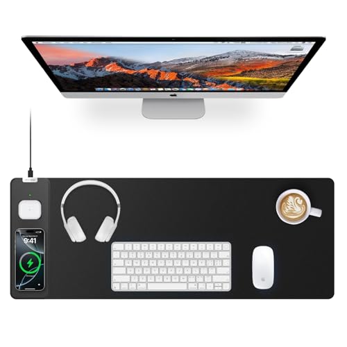 Magnetic Wireless Charging Mouse Pad, 27.5"x11.8" Gaming Desk Mat with Superior Stitched Edges, Non-Slip Base, Waterproof Smooth Desk Writing Pad for Gamer, Office & Home, Black - color: Black-27.5"x11.8"