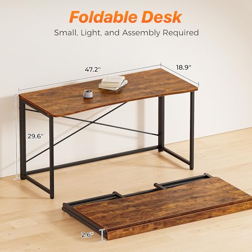 Huuger Folding Desk for Small Spaces, 47.2 Inch Foldable Computer Table, for Home Office, Study, Bedroom, Dorm, Space Saving, Small Writing Work Office Computer Desk, Easy to Fold, Rustic Brown - color: Rustic Brown, size: 18.9"D x 47.2"W