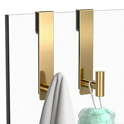 PMMASTO Shower Door Hooks, (7.5 Inch) Extended Towel Hooks for Bathroom Frameless Glass Shower Door, Stainless Steel Heavy Duty Hooks (Gold, T Shape-Fits 3/8" Thick Door) - color: Gold, size: 7.5 Inch-2 Pack, Fits 3/8" Thick Door