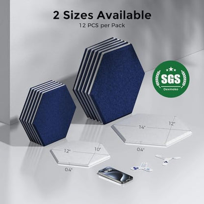 Self-Adhesive Acoustic Panels [390 lbs/yd³ Ultra-High Density], 2nd Generation Sound Absorbing Panel, Professional Level Sound Panel, Polyester Soundproof Foam [Medium Hexagon, White & Dark Blue] - color: White & Dark Blue, size: Medium Hexagon (12''x10''