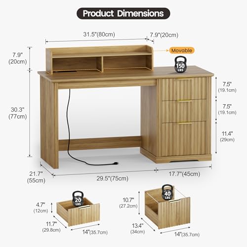 Lareth Computer Desk with Monitor Stand, 47 inch Home Office Desk with RGB LED Lights and Power Outlets, Writing Desk with Storage File Drawer for Working Gaming Writing, Wood - color: Natural