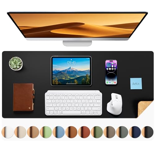 Aothia Dual-Sided Desk Pad - 35.4 x 15.7 inches Leather Desk Mat, Natural Cork Desk Pad Protector, Large Mouse Pad for Desk, Waterproof Desk Blotter Pad, Desk Writing Pad for Office Work/Home, Black - color: Deep Black+cork, size: 35.4" x 15.7"