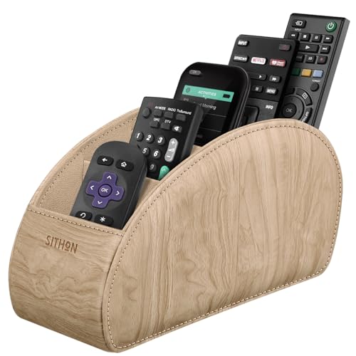 SITHON Remote Control Holder with 5 Compartments - PU Leather Remote Caddy Desktop Organizer Store TV, DVD, Blu-Ray, Media Player, Heater Controllers, Woodgrain Khaki - color: Woodgrain Khaki, size: Small