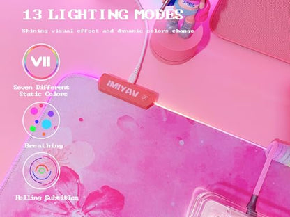 JMIYAV RGB Cherry Blossom Gaming Mouse Pad Pink 31.5x12 Inch PC XL Large Extended Glowing Led Light Up Desk Pad Non-Slip Rubber Base Computer Keyboard and Mouse Pad Cute Mousepad - color: P-pink Flowers