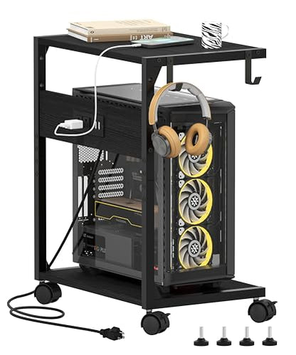 Akxomel 2 Tier Computer Tower Stand with Charging Station, 11.8" D x 16.5" W Rolling Floor PC Tower Stand Fits Under Desk, CPU Holder Cart for Carpet with Hooks, Home Office - color: Black