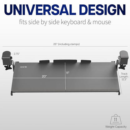 VIVO Small Keyboard Tray, Under Desk Pull Out with Extra Sturdy C Clamp Mount System, 20 (26 Including Clamps) x 11 inch Slide-Out Platform Drawer, Dark Walnut Top, Black Frame, MOUNT-KB05ES-D | Keyboard Tray for Typing, Slide Out Platform, Extra Sturdy C