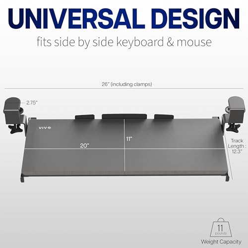 VIVO Small Keyboard Tray, Under Desk Pull Out with Extra Sturdy C Clamp Mount System, 20 (26 Including Clamps) x 11 inch Slide-Out Computer Platform Drawer, White, MOUNT-KB05ES-W | Keyboard Tray for Typing, Slide Out Platform, Extra Sturdy C-Clamp Mount S