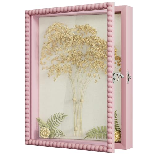 Love-KANKEI Shadow Box Frame 11x14, Deep Large Shadow Box Display Case with Unique Beads Door and Glass Window, Wood Memory Box Gift for Pictures,Medals,Memorabilia,Collections Pink - color: Pink, size: 11x14