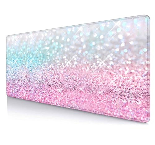 Gradient Glitter Large Mouse Pad, Pink Blue Sparkle Desk Pad, Pastel Cute Writing Desk Mat, Non-Slip Rubber Long Mousepad for Laptop Computer Gamer Home&Office, 31.5x11.8 in - color: Gradient Glitter