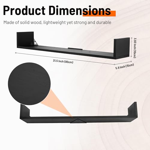 PHOENANCEE Floating Book Shelves,32 Inches Wall Bookshelf U Shaped,Long Hanging Bookshelf for Wall,Large Rustic Storage Books Shelves for Living Room Kitchen Bathroom Office,Set of 4(Black) - color: Black