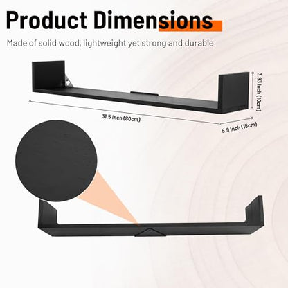 PHOENANCEE Floating Book Shelves,32 Inches Wall Bookshelf U Shaped,Long Hanging Bookshelf for Wall,Large Rustic Storage Books Shelves for Living Room Kitchen Bathroom Office,Set of 4(Black) - color: Black