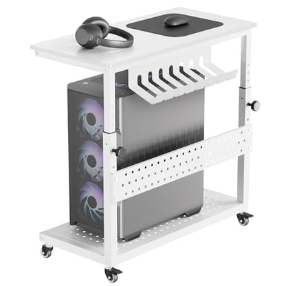 Garvee PC Computer Tower Stand with Wheels, 2-Tier Adjustable CPU Holder Cart, Rolling Mobile Desk Stand with Cable Management & Hooks, Small Side Table for Home Office/Gaming, White - color: White