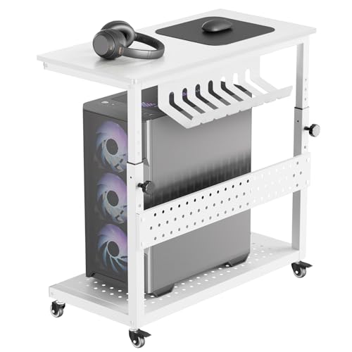 Garvee PC Computer Tower Stand with Wheels, 2-Tier Adjustable CPU Holder Cart, Rolling Mobile Desk Stand with Cable Management & Hooks, Small Side Table for Home Office/Gaming, White - color: White