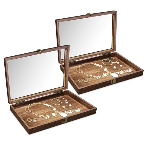 MOOCA 2 Pcs Wood Tempered Glass Top Jewelry Display Case Accessories Storage Box with Metal Clasp, Wooden Jewelry Tray for Collectibles, Pocket Knife Display Case, Brown Color - color: Brown, size: 2-Piece Set, 2 inch high