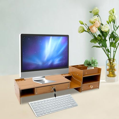 Computer Monitor Stand, Computer Rack with Drawers, Two top Platforms Desk Organizer Monitor Stand with Extra Large Storage Desktop Computer Stand for PC, Laptop, Printer, Screen, TV (04) - size: 04