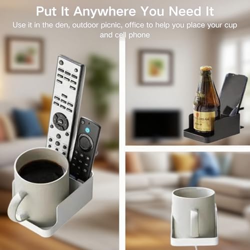 Desk Cup Holder Clamp - Ajustable Desktop Hanging Storage Rack, Clamp On Cup Holder with Cup/Phone/Pen, with Charging Hole and Spill-Proof Cup Design (White)