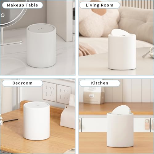 Mini Desk Trash Can with Lid for Desk,0.4 Gallon Brushed Stainless Steel Countertop Trash Can with Lid for Desktop Car Office Kitchen, Swing Top Trash Bin with a Roll of Trash Bag（White） - color: White