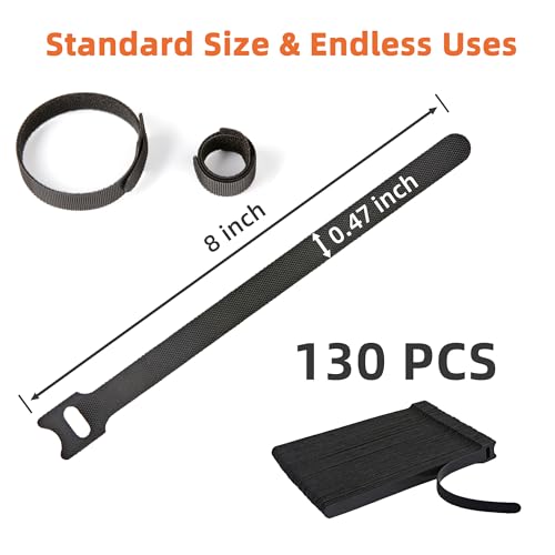130PCS Reusable Cable Ties with Hook and Loop, Multi-purpose Adjustable 8 Inch Cable Management Wire Ties Cable Straps for Organizing Home, Office and Data Centers, Black - color: Black 130pcs