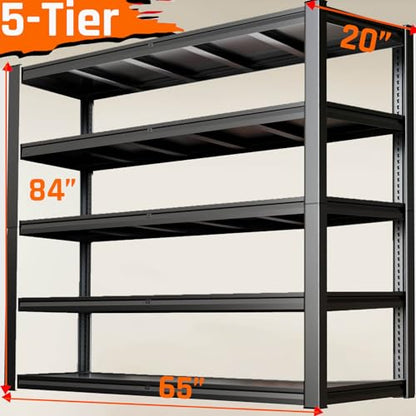 5 Tier Storage Shelves, 65" W Garage Shelving Heavy Duty Metal Adjustable Garage Shelves, Shelving Units Industrial Shelving for Warehouse, 65" W x 20" D x 84" H,Black - size: 65"Wx84"Hx20"D | 5 Tier