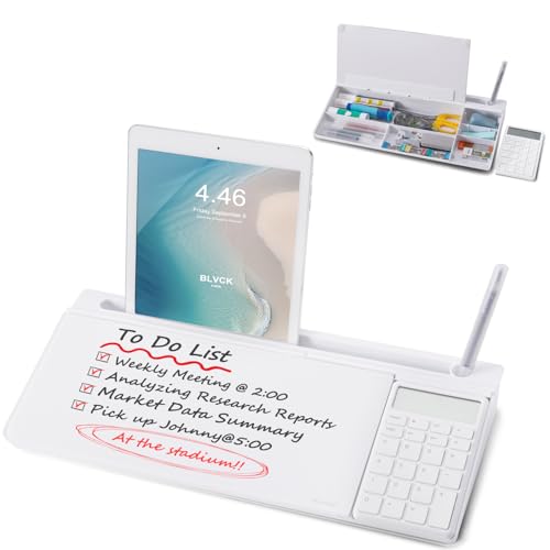 Small Glass Desktop Whiteboard Dry-Erase-Board - Computer Keyboard Stand with Calculator White Board Surface Pad with Drawer, Desk Organizers with Accessories for Office, Home, School Supplies - White - color: Calculator - White