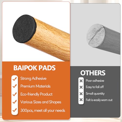 Furniture Pads 300 Pieces Felt Furniture Pads Premium Huge Pack, BAIPOK Self Adhesive Anti Scratch Floor Protectors for Desk Chair Legs and 60 Rubber Bumpers for Hardwood Tile Floor - size: Black
