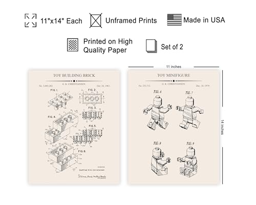 Poster Master 2-Piece Bricks Blueprint Print - Building Blocks Patent Poster - Interlocking Bricks Toy Art - Technical Drawing Wall Design - Kids Room Wall Decor - 11x14 UNFRAMED Wall Art - color: Patent Kids 01, size: 11"L x 14"W