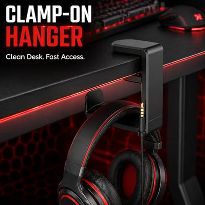 Clamp-On Under Desk Headphone Hanger, 360° Rotating Hook with Cable Clip, No Adhesive No Drill, Gaming & Office Desk Headset Organizer Black