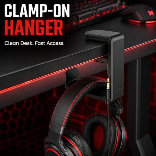 Clamp-On Under Desk Headphone Hanger, 360° Rotating Hook with Cable Clip, No Adhesive No Drill, Gaming & Office Desk Headset Organizer Black