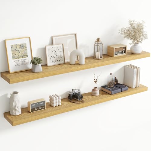 72 Inch Floating Shelves for Wall, 8 Inch Deep Floating Shelf for Storage & Display, Rustic Wall Mounted Shelf with Invisible Brackets for Living Room, Kitchen, Bathroom, Home Decor, Set of 2, Oak - color: Oak, size: 72 Inch, Set of 2