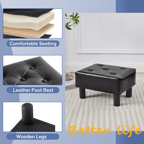 Small Foot Stool Ottoman, Faux Leather Footstool Ottoman Foot Rest for Couch, Rectangle Footstools and Ottomans Small for Living Room, Entryway and Bedroom (Black) - color: Black