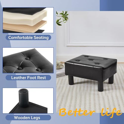 Small Foot Stool Ottoman, Faux Leather Footstool Ottoman Foot Rest for Couch, Rectangle Footstools and Ottomans Small for Living Room, Entryway and Bedroom (Black) - color: Black