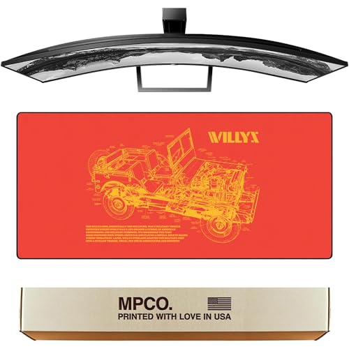 MPCO. Blueprints Large Gaming Desk Pad - 36" x 17" Aeroglyde Fabric Willys Jeep – Orange Desk Mats - Non-Slip, Washable, Smooth Glide for Precision Gaming & Work - color: Aeroglyde Willys Jeep – Orange