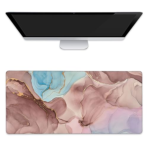Abstract Fluid Art Extended Gaming Mouse Pad Transparent Waves and Golden Swirls Large Mouse Pad with Stitched Edges Anti-Slip Rubber Base Mouse Mat Desk Pad for Gaming and Office 35.4" x 15.7" - color: Transparent Waves and Golden Swirls