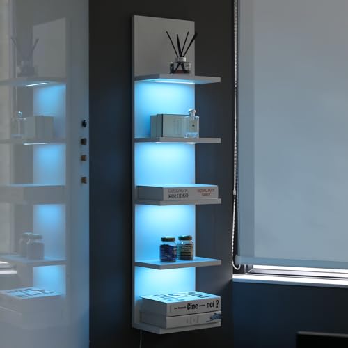 5 Tier Wall Shelf Unit, RGB Lack Shelf, Vanity Shelves with Light,White Shelves for Room,Office,Bathroom,Remote Control - color: 5 Tier Rgb White