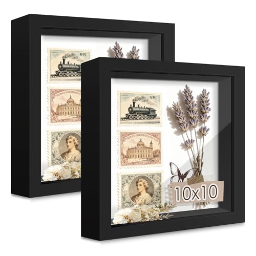 Picrit 10x10 Shadow Box Frame Set of 2, Display Case Box with High Definition Real Glass and Black Back for Memorabilia, Baby Items, Wedding Memories, Crafts, Tickets and Photos, Black - color: Black, size: 10x10-2P