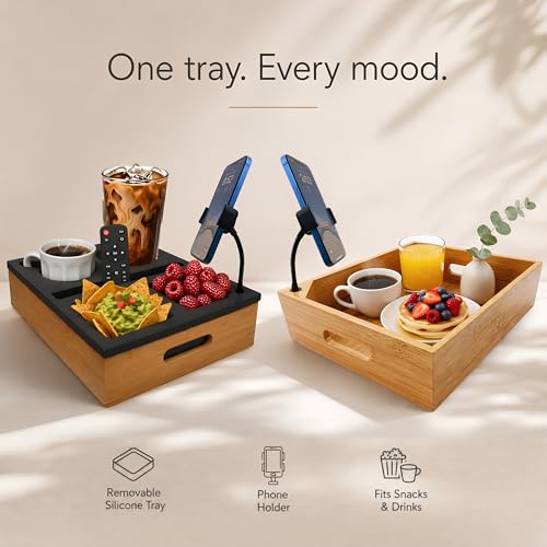 Couch Caddy with Cup Holder | Wood Couch Cup Holder Tray for Drinks, Snacks & Remotes | Sofa Couch Organizer with Phone & Cup Holder Tray (Black) - color: Black
