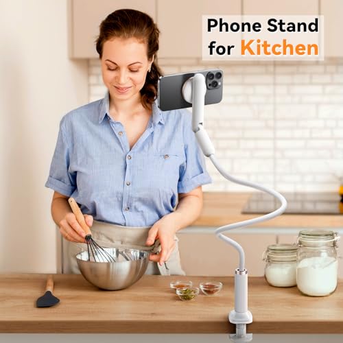 Magnetic Gooseneck Phone Holder for Bed, Flexible Long Arm Cell Phone Stand with Clamp Mount, 900° Rotation Overhead Phone Mount for Bedside, Headboard,Desk, Compatible with iPhone 17 Pro Max - size: 35.43'' Length-Magnetic