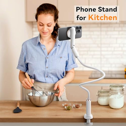 Magnetic Gooseneck Phone Holder for Bed, Flexible Long Arm Cell Phone Stand with Clamp Mount, 900° Rotation Overhead Phone Mount for Bedside, Headboard,Desk, Compatible with iPhone 17 Pro Max - size: 35.43'' Length-Magnetic