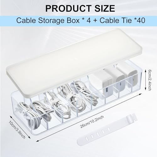 Tatuo 4 Pcs Cable Organizer Box with Wire Ties, Plastic Cord Storage Box with Lid, Electronics Organizer for Home Office Desk Organizers and Accessories (Clear,White) - color: Clear, White