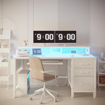 Lufeiya Gaming Desk with LED Lights and Power Outlets, 47 Inch Home Office Desks with Keyboard Tray, White Computer Desk with File Drawers Cabinet, Writing Table PC Desks with Monitor Stand, White - color: White