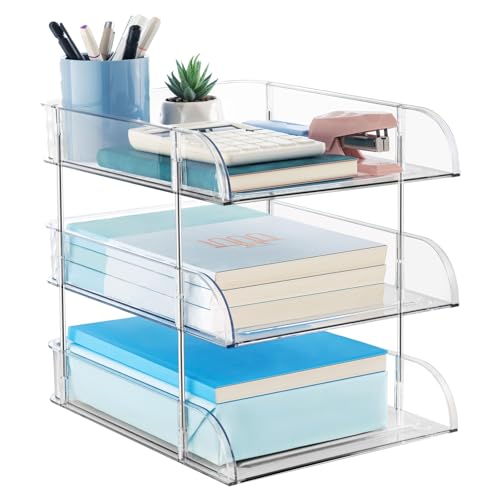 Desk Organizers and Storage, 3 Tier Clear Heightened Stackable Paper Tray Organizer for Document, Letter, A4 File Paper, Desk Accessories, Office Supplies (Clear, 3 Pack) - color: Clear, size: 3 Count (Pack of 1)