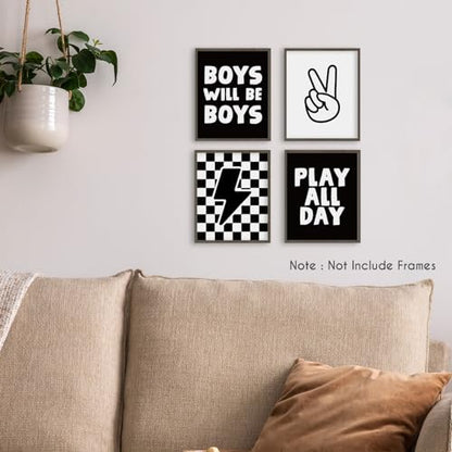 HRQKO Black Boys Room Wall Art Poster Set of 4, Positive Boys Play All Day Posters, Black Checkered Hand Prints for Playroom, 12”x16” Unframed - color: black2, size: 8x10