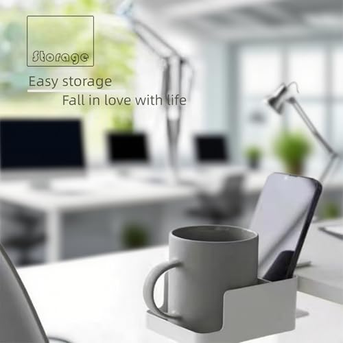 Desk Cup Holder Clamp - Ajustable Desktop Hanging Storage Rack, Clamp On Cup Holder with Cup/Phone/Pen, with Charging Hole and Spill-Proof Cup Design (White)