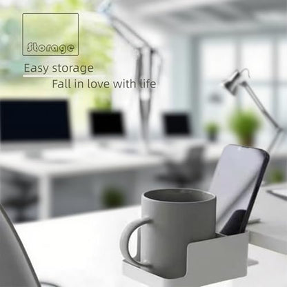 Desk Cup Holder Clamp - Ajustable Desktop Hanging Storage Rack, Clamp On Cup Holder with Cup/Phone/Pen, with Charging Hole and Spill-Proof Cup Design (White)