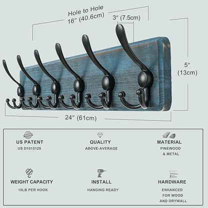 Dseap Coat Rack Wall Mounted - 24" Long 6 Tri Hooks, Heavy Duty Wooden Wall Coat Hanger Coat Hook for Clothes Hat Jacket Clothing, Weathered Blue and Black - color: Weathered Blue & Black, size: L=24"