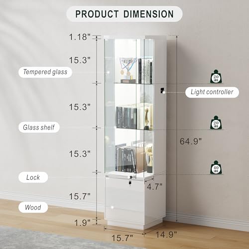 Lvifur Lockable Curio Display Cabinet with Glass Door,65" Lighted Curio Cabinet with 3 Color Lights for Collectibles,3-Tier Glass Display Case with Human Body Sensor for Living Room,White - color: White-65"
