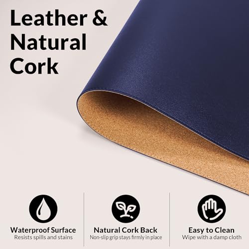AFIING Desk Mat, Blue, 31.5" x 17", Cork Desk Pad Protector | Dual-Sided Cork & PU Leather, Waterproof, Non-Slip for Mouse Pad, Office, Home & Writing - color: Blue, size: 31.5" x 17"
